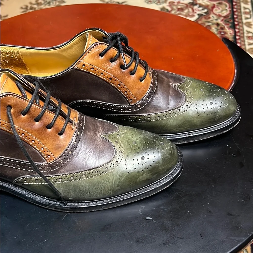 Two-Tone Leather Wingtip Oxfords in Brown and Green